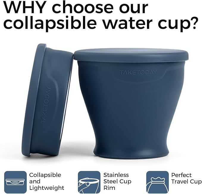 TakeToday 2PCS Collapsible Travel Cup - Silicone Foldable Water Cup, BPA-Free with Lid & Waterproof Bag - Drinking Cup Set for Camping, Outdoors & International Travel（8 Oz, Blue& Green）