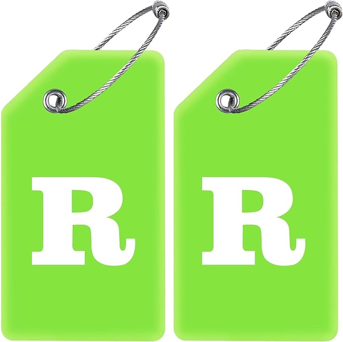 Gostwo 2 Pack Silicone Luggage Tags for Suitcases, 26 Initial Letter Baggage Labels Handbag School Bag Suitcase Instrument Tag with Stainless Steel Loop(Green)(Letter R)