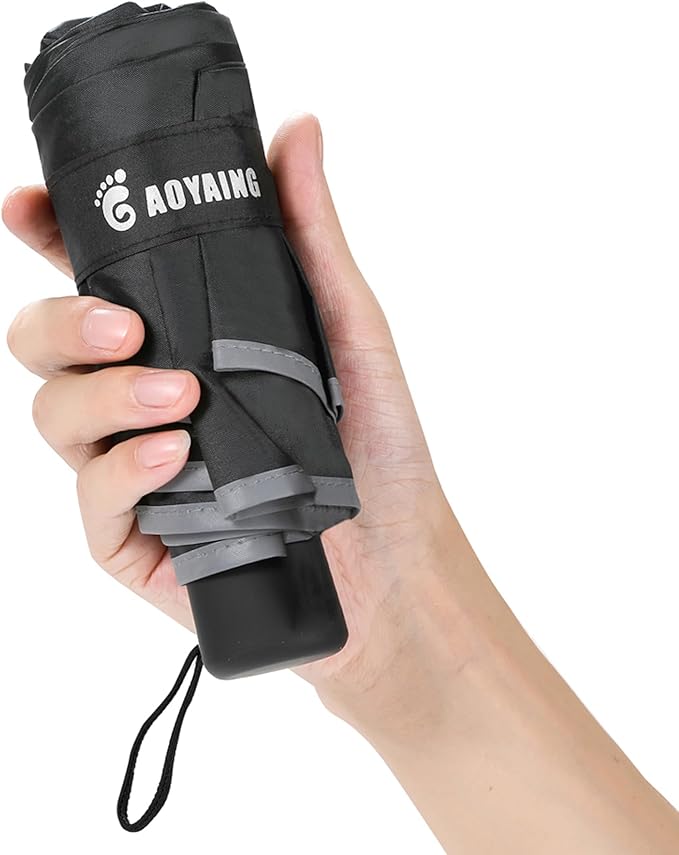 GAOYAING Mini Compact Travel Umbrella with Reflective Safety Stripes, Portable Folding Design with Case