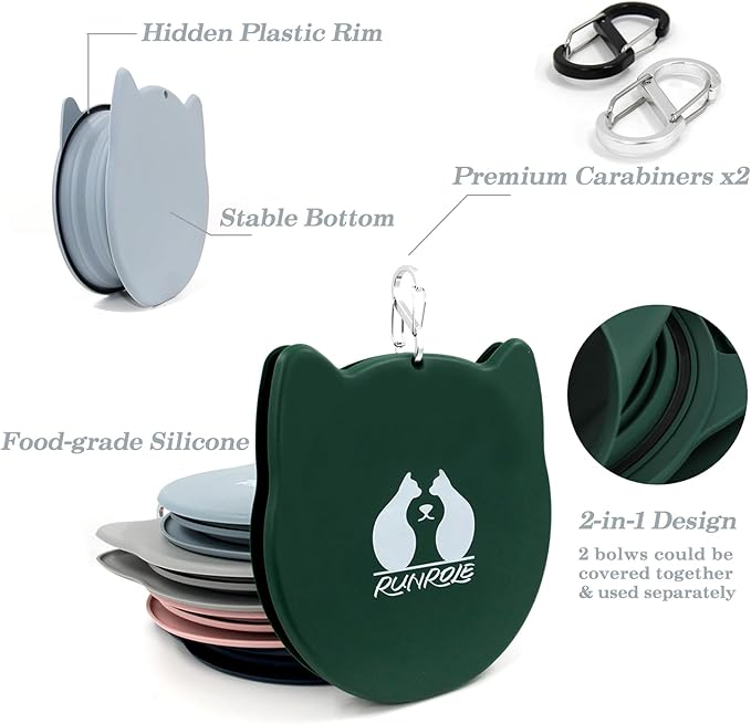 RUNROLE 2-in-1 Collapsible Silicone Dog Travel Bowls, Slot Together and Use Separately, Portable Pet Food Water Bowls, Foldable Cat Feeding Watering Dishes, 20OZ+27OZ(Forest Green)