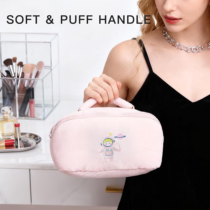 Cute Makeup Bag for Women - Travel Cosmetic Pouch with Large Capacity, Water-Resistant Nylon Make Up Organizer Pink