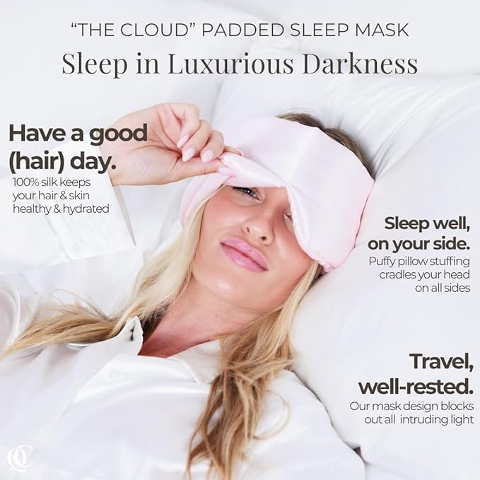 Padded Silk Sleep Mask in Gift Box, Total Blackout Liner Blocks Light, Sleep Longer, Lightweight, Natural Silk Eye Mask, Soft Lightweight Stuffing Feels Like a Cloud on Your Eyelids (Prosecco Pink)