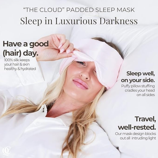 Padded Silk Sleep Mask in Gift Box, Total Blackout Liner Blocks Light, Sleep Longer, Lightweight, Natural Silk Eye Mask, Soft Lightweight Stuffing Feels Like a Cloud on Your Eyelids (Prosecco Pink)