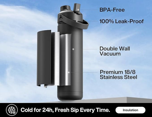 POWCAN 26 oz Insulated Water Bottle with 2-in-1 Straw and Spout Lid, Keep Cold 24H, Leak-Proof, Fits in Car Cup Holder, Stainless Steel Water Bottle for Sports, Travel, and School (Dark Knight)