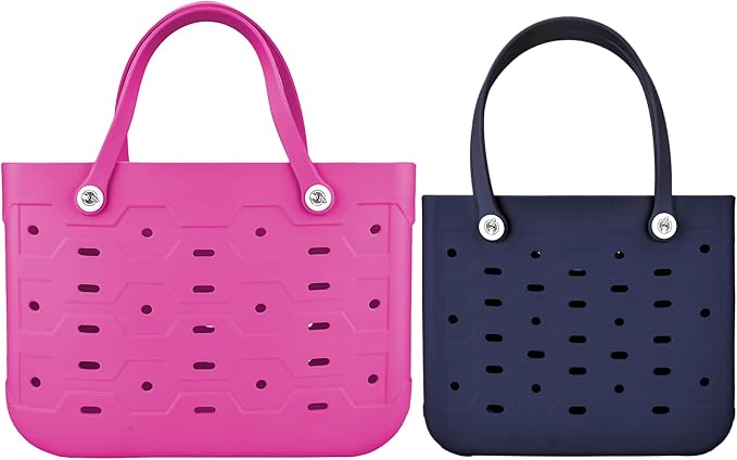 2-Piece Tote Bag Set, Waterproof Rubber Beach Bag with Summer Pattern, Medium & Large Handbag for Pool, Beach, Boat