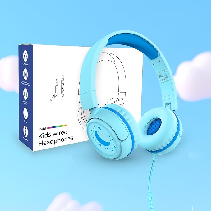 K6 Kids Headphones, 85/94dB Volume Limit Wired Headphones for Kids,3.5mm Jack Foldable Stereo Sound Toddler Headset with Mic, On-Ear Headphone for Smartphones/iPad/Tablet/Plane/Travel (Cyan)