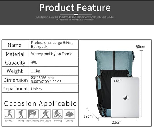 Hiking Backpack,30L +10L Extra Large Capacity Hiking Bag,Internal Frame Camping Backpack,Upgraded X-PAC Lightweight Sport Daypack Travel Backpacks Fit For Mountain Climbing Camping (Grey Green)