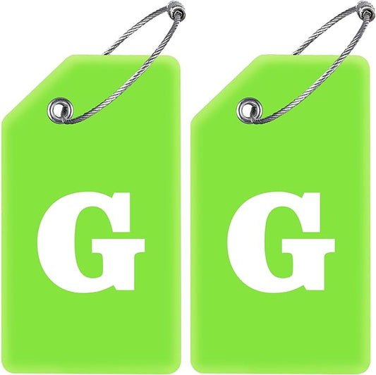 Gostwo 2 Pack Silicone Luggage Tags for Suitcases, 26 Initial Letter Baggage Labels Handbag School Bag Suitcase Instrument Tag with Stainless Steel Loop(Green)(Letter G)