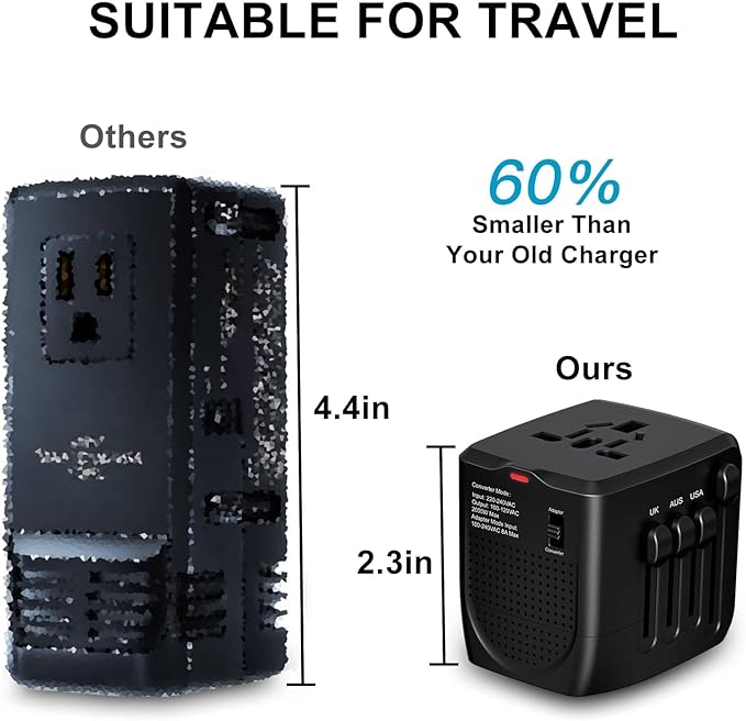 International Travel Adapter Voltage Converter Steps Down 220V to 110V for Cell Phones, Laptops, and Curling Irons, US to UK, Europe, Australia, and More Than 200 Countries