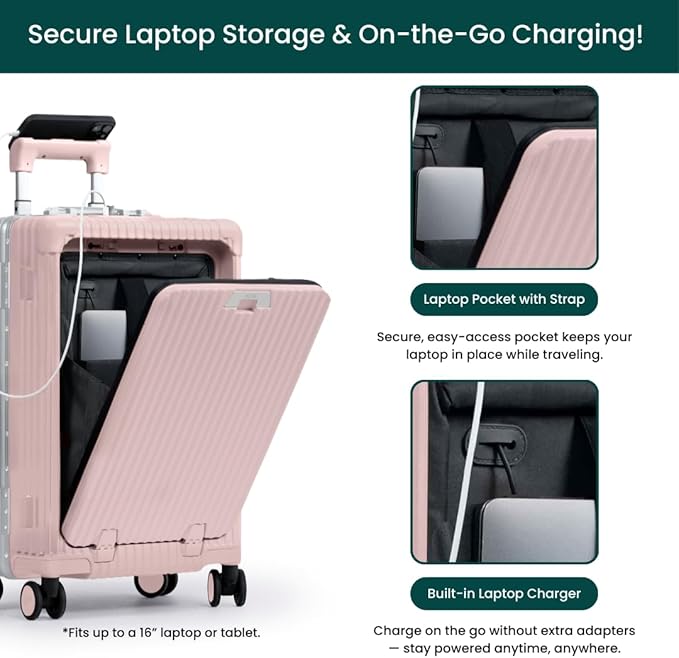 Nobl Travel Carry On Luggage, Noble Zipperless Aluminum Frame PC Hard Shell Suitcase, 20.8"x15"x8.7" Airline Approved, 360° Spinner Wheels, TSA Locks, USB Charging Port, Cup & Phone Holder - Blush