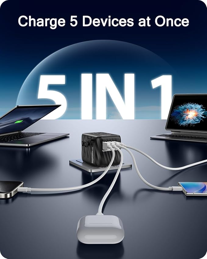 LENCENT Universal Travel Power Adapter, International AC Plug Adaptor with 3 USB A Ports 1 Type C PD Wall Charger Worldwide Travel Essentials for US to EU UK Ireland Australia (Type C/G/A/I) Black