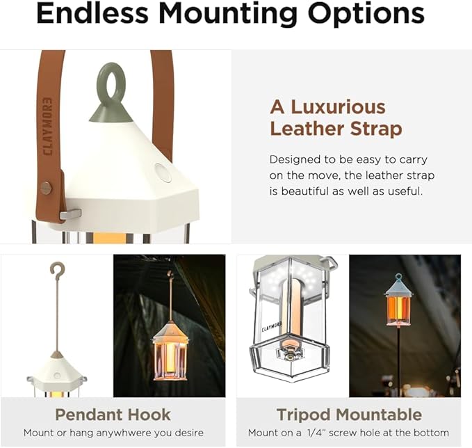CLAYMORE Cabin Lamp (Ivory) - Aesthetic Portable Lantern for Outdoor Glamping, Camping, Events, Parties & Tents. USB-C Charging, Power Bank Function, Up to 55 Hours Battery Life, 3 Light Modes.
