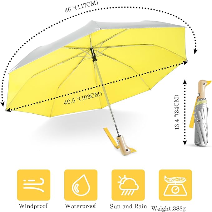 Cute Duck Umbrella Automatic - Compact Pretty Pocket Size Strong Duck Collapsible Umbrella Yellow Wooden Handle for Women