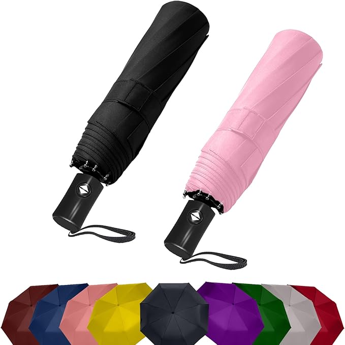 SIEPASA Two Packs Auto Open & Close Small Travel Umbrella Compact for Backpack-Umbrellas for Rain, Windproof Lightweight Strong Mini Portable Umbrellas for Men and Women.(Black & Pink, 2 Pack)