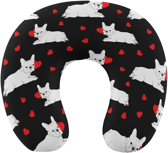 Breathable Memory Foam Travel Pillow U Shaped Chin Head Support Love Heart Funny French Bulldog Puppy Dog, Removable Washable Cover for Airplane Car Office Pain Relief