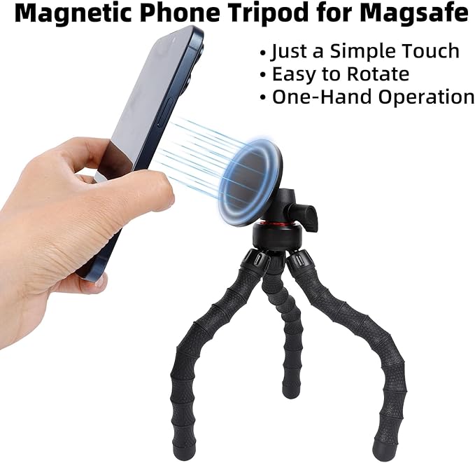Flexible Mini Tripod for MagSafe, Portable Small Magnetic Phone Tripod with Wireless Remote for Video Recording/Vlogging/Selfie, Compatible with iPhone 17 16 15 14 Pro Max 13 12 Series