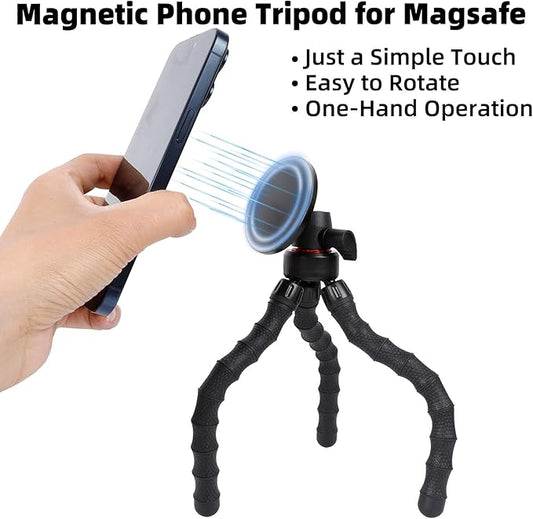 Flexible Mini Tripod for MagSafe, Portable Small Magnetic Phone Tripod with Wireless Remote for Video Recording/Vlogging/Selfie, Compatible with iPhone 17 16 15 14 Pro Max 13 12 Series