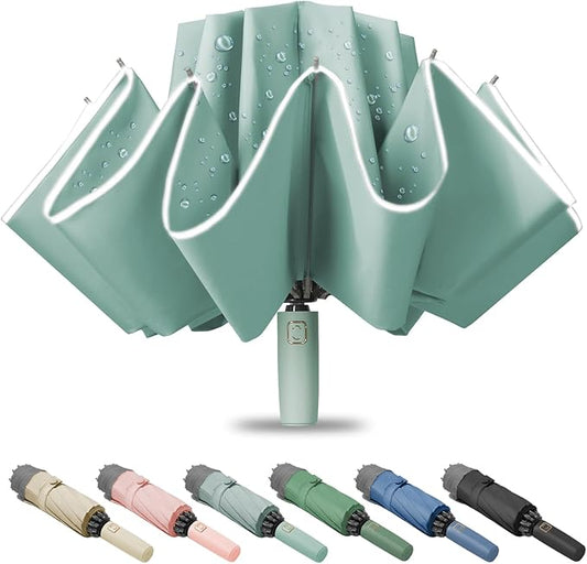 Large Windproof Travel Umbrella, Portable Reverse Folding Car Umbrella, Compact Inverted Design with Waterproof Canopy, Automatic, 10 Durable Ribs, 45.6/13 Inch, Fits Backpack