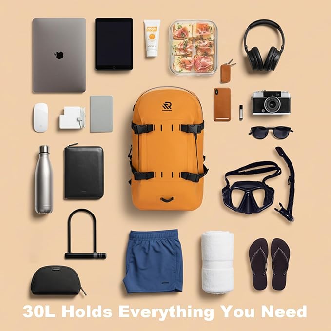 Airtight Waterproof Backpack 30L, Floating Dry Bag with Resin Zipper, IPX7 Gear Protection Large Capacity for Men, Kayaking, Paddle Boarding, Fishing, Travel, Surfing, Work, Outdoor Orange