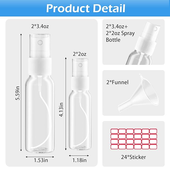 Spray Bottles, 2oz/50ml, 3.4oz/100ml Clear Empty Fine Mist Plastic Mini Travel Bottle Set, Small Refillable Liquid Containers with 2pcs Funnels and 24pcs Labels (4 Pack)