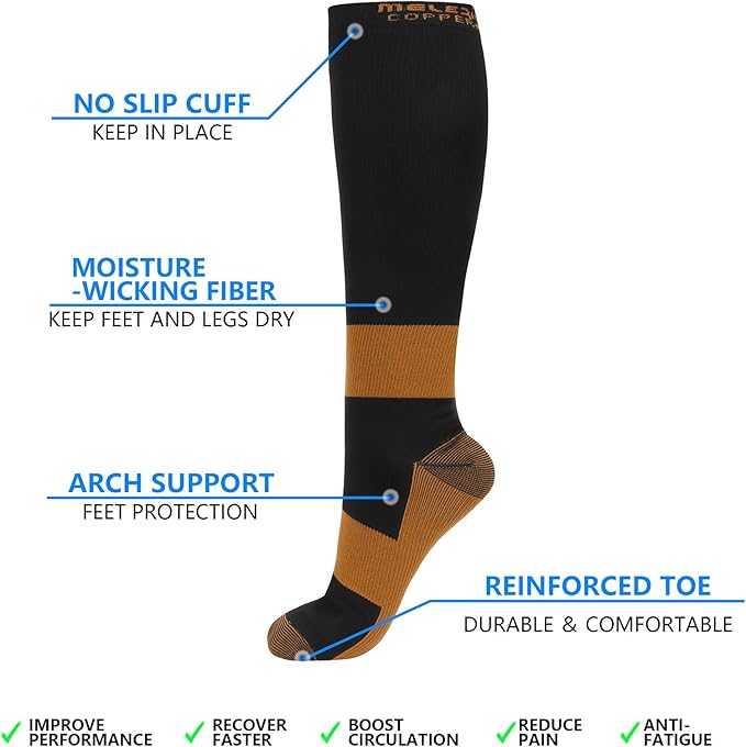 MELERIO Copper Compression Socks Men Women 4 Pairs 15-20 mmhg Comfortable Circulation for Edema Varicose Veins and Anti-Fatigue