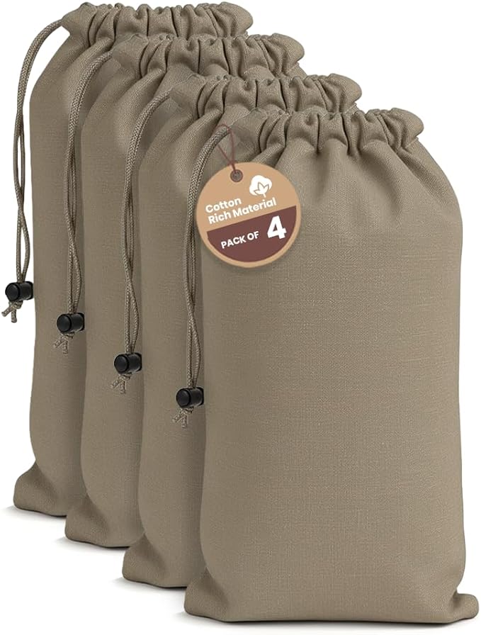 LFH Cotton Rich Shoe Storage Bags with Drawstring, Dustproof Breathable Reusable Organizer, Perfect For Travel, Dorm, Hotel, College, Gym, Easy to Carry, Machine Washable 8"x17" (Pack of 4) - Chambray