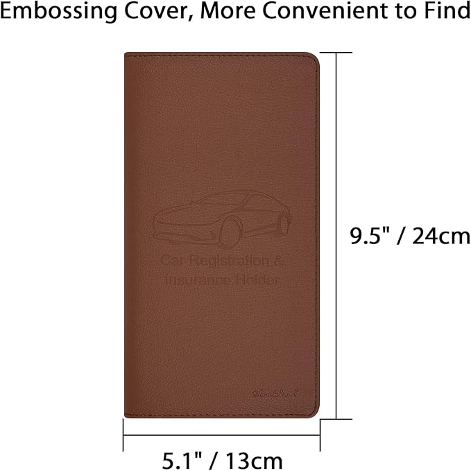 Car Insurance and Registration Holder, 9.5 x 5 Inch PU Leather Vehicle Glove Box Organizer Wallet Case for Insurance Card, Driver License, Paperwork - Brown