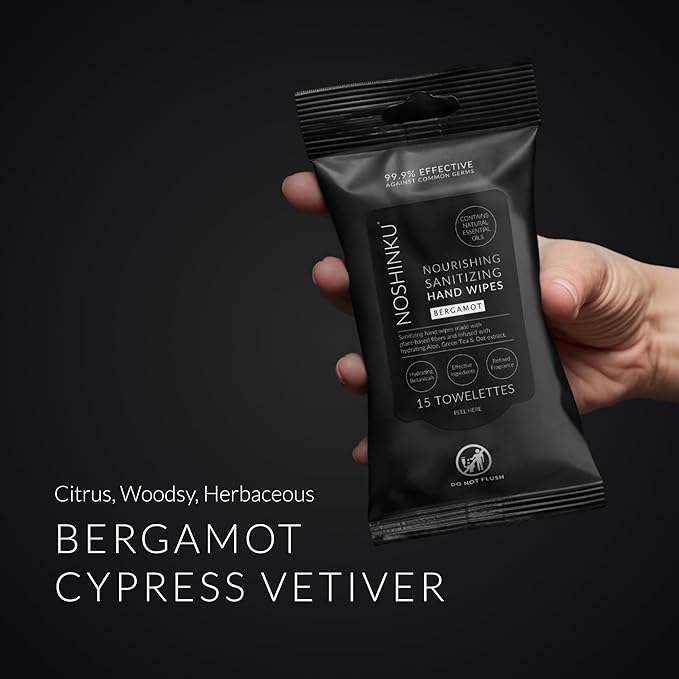 Noshinku – Bergamot Hand Sanitizer Wipes, 3-Pack (45 Towelettes) – Resealable Travel Wipes with Ethyl Alcohol, Aloe & Green Tea, Plant-Based Fiber, Essential Oil Scents, Cruelty-Free & No Dyes