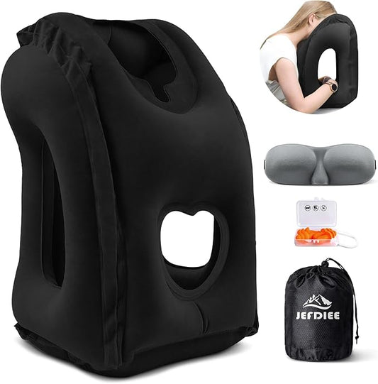 JefDiee Inflatable Travel Pillow, Airplane Neck Pillow Comfortably Supports Head and Chin for Airplanes, Trains, Cars Office Napping on The Tray Table (Black)