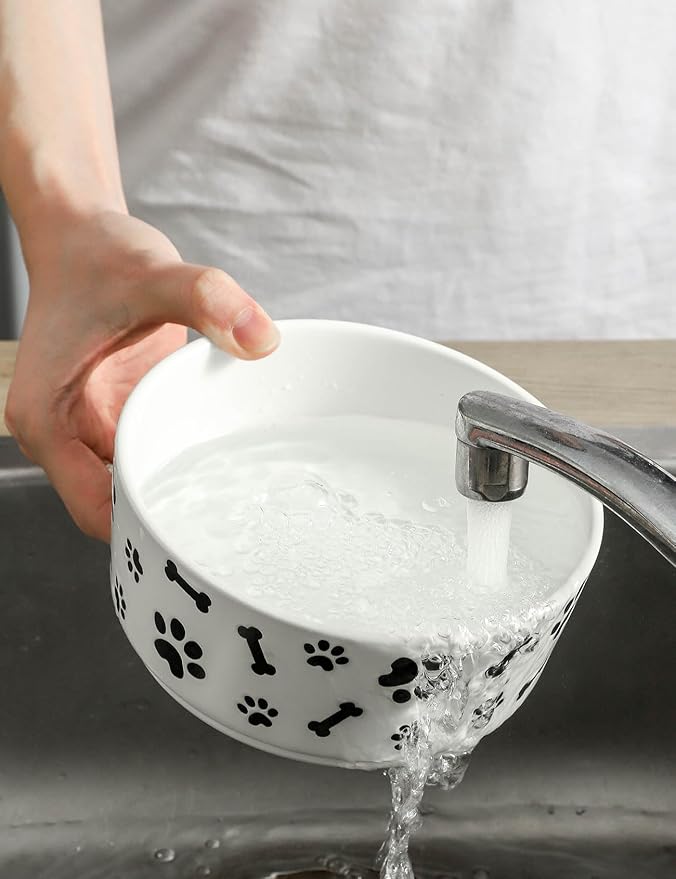 UBEE Ceramic Dog Bowl Set of 2, 6.5 inch Dog Food Bowl Dish with Bone Paw Pattern, Pet Food Water Dish Feeding for Small and Meidum Dogs and Large Cat, White