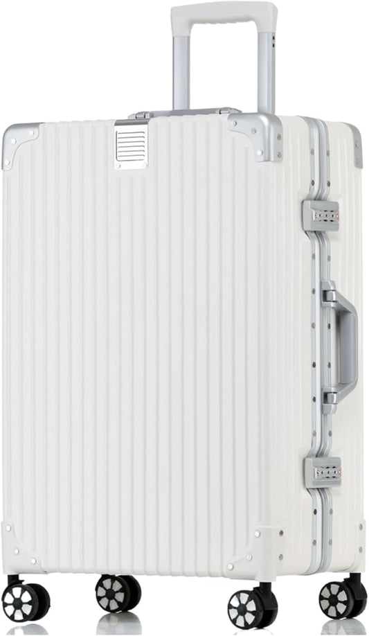 HotWay 24 Inch Checked in Luggage with Aluminum Frame,PC Hard Shell Suitcase with Spinner Wheels and TSA Lock, Large Suitcase for Travel, White
