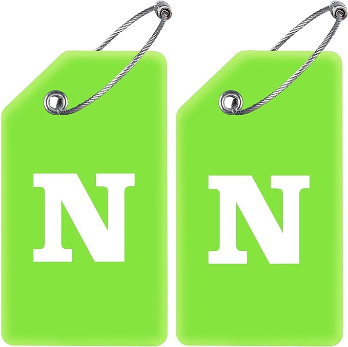 Gostwo 2 Pack Silicone Luggage Tags for Suitcases, 26 Initial Letter Baggage Labels Handbag School Bag Suitcase Instrument Tag with Stainless Steel Loop(Green)(Letter N)