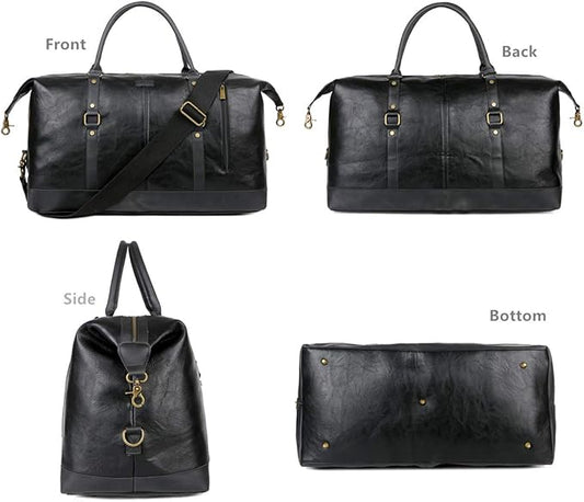 BAOSHA Faux Leather Travel Duffel Tote Bag Overnight Weekender Bag for Men and Women HB-14 (Black)
