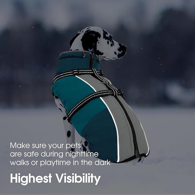 SUNFURA Dog Coat, Warm Dog Jacket with Harness Built in, Waterproof Pet Winter Coat Snowsuit with Zipper, Reflective Fleece Jacket for Extra Large Dogs, Weimaraner, Turquoise XXL