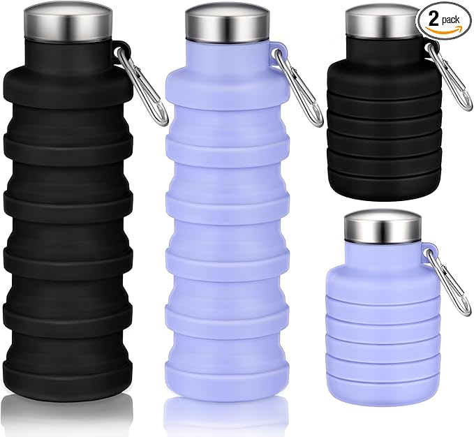 Baderke 2 Pcs Collapsible Water Bottles 17oz Silicone Travel Foldable Portable Water Bottle with Buckle Silicone Lightweight Reusable Leakproof for Camping Hiking Cycling Sport(Purple, Black)