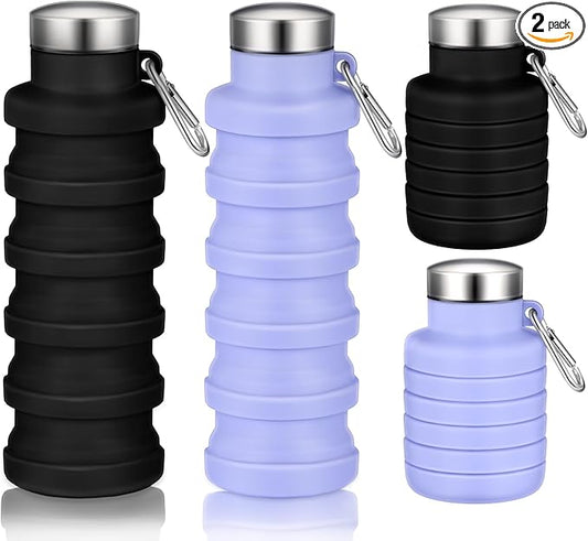 Baderke 2 Pcs Collapsible Water Bottles 17oz Silicone Travel Foldable Portable Water Bottle with Buckle Silicone Lightweight Reusable Leakproof for Camping Hiking Cycling Sport(Purple, Black)