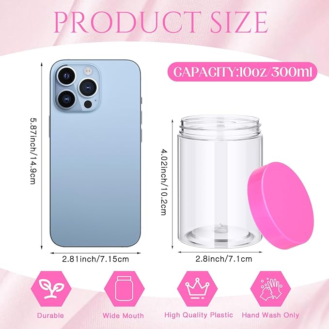 SATINIOR 12 Pack 10 oz Plastic Container Jars with Lids Round Clear Travel Cosmetic Container Slime Jars for Toiletries, Lotion, Cream, Ointments, Makeup, Rhinestone, Samples, Kitchen Storage(Pink)