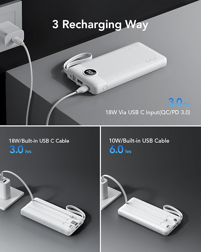 VRURC Power Bank for iPhone, 10000mAh USB C in & Out Cord Portable Charger, 22.5W Fast Charging Phone Charge with Built-in Cables, Slim Lightweight Charging Bank Travel Essentail-White(1 Pack)