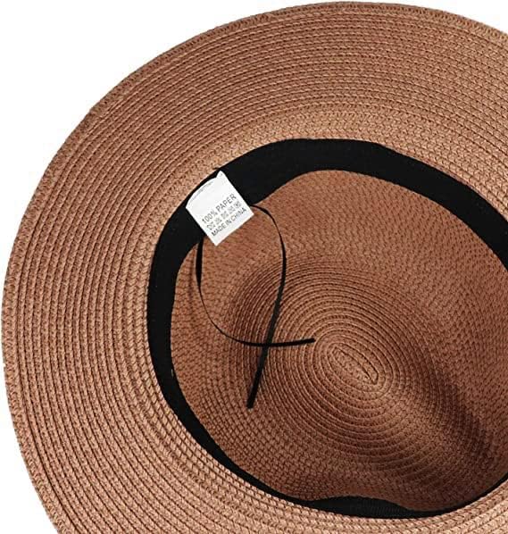 DRESHOW Women Straw Panama Hat Travel Fedora Beach Sun Hat Summer Wide Brim Straw Roll up Hat UPF 50+