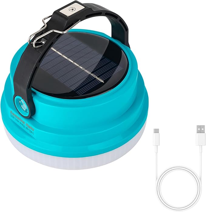 Solar Camping Lantern Rechargeable, 2-in-1 10000mAh Rechargeable Camping Light and Phone Charger for Hiking,Travel - Emergency Hanging Light for Hurricane, Power Outage, 200W, Blue
