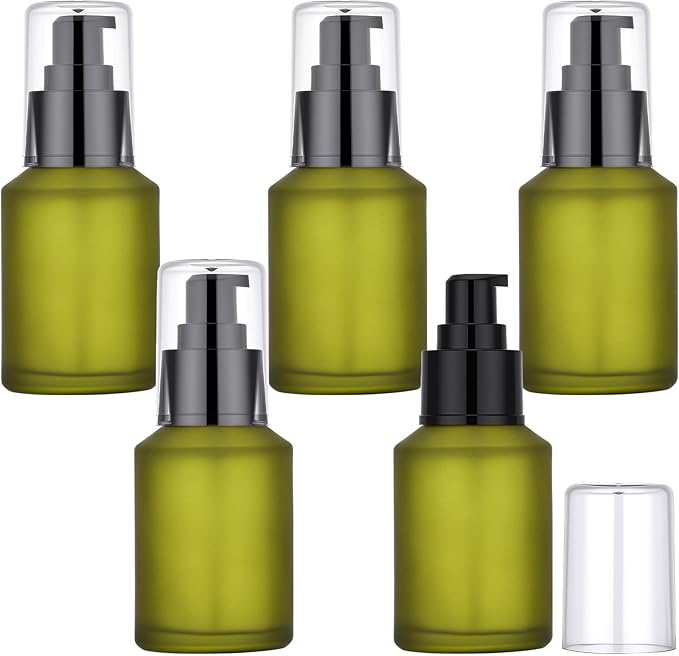 Segbeauty 2oz Frosted Glass Travel Lotion Container Refillable, 5pcs Small Travel Containers for Creams, 60ml Mini Empty Lotion Bottles with Pump Dispenser, Cosmetic Containers Bottle for Oils Creams