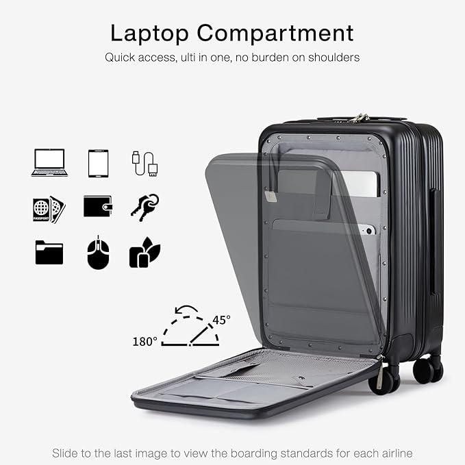 Hanke Grace Expandable Carry On Luggage with Wheels Airline Approved Hard Shell Suitcases with Front Pocket，Top Opening Luggage with TSA Lock for Short Business Travel, Jet Black.
