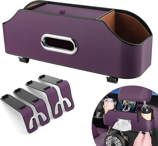 Car Seat Back Organizer - Stylish & Functional Storage for Family Adventures - Cup Holders, Tissue Box & Hooks - Perfect for Kids, Road Trips & Travel (Purple)