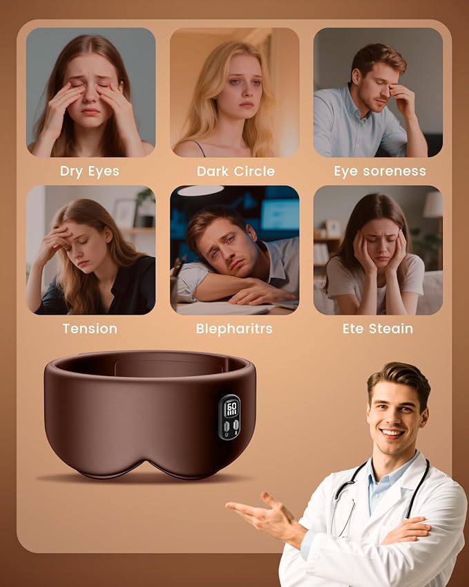 Heated Eye Mask - Cordless Eye Mask for Dry Eyes, Eye Relief, Improved Sleep, Timed Shutdown, 4 Temperature, Washable Eye Heating Pad for Travel, Removable for Cleaning - Brown