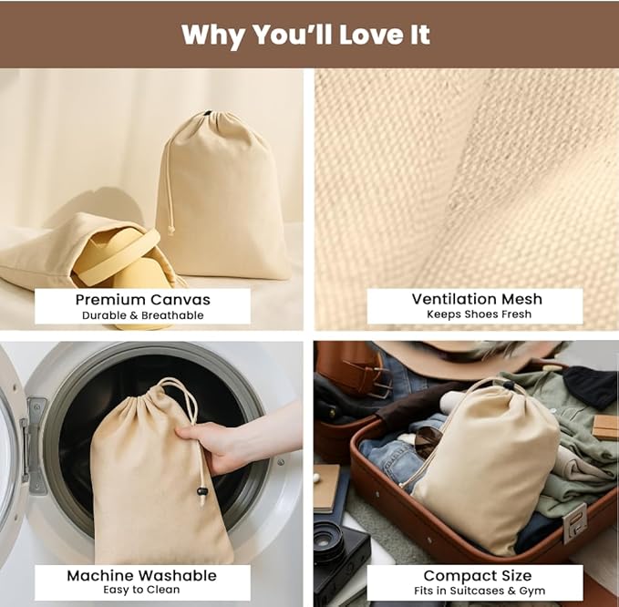 LFH Cotton Shoe Storage Bags with Drawstring, Dustproof Breathable Reusable Organizer, Perfect For Travel, Dorm, Hotel, College, Gym, Easy to Carry, 8"x17" (Pack of 2) - Natural Thanks Giving