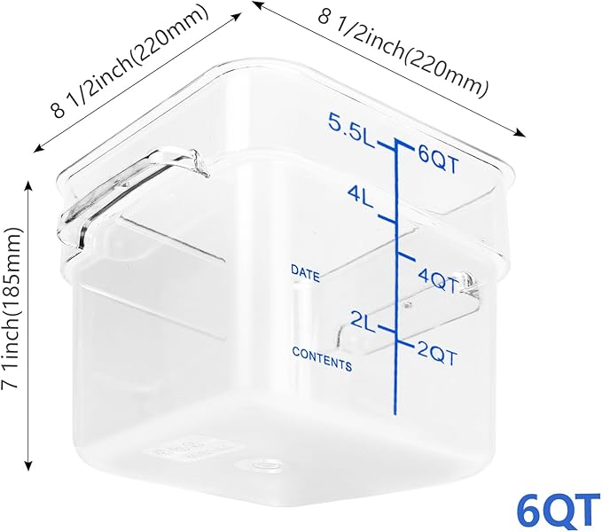 TSUBOR 4 Pack Food Storage Containers with Blue Lids, 6.0 Qt - Square, Clear, Polycarbonate, for Restaurant Commercial Kitchen and Home party