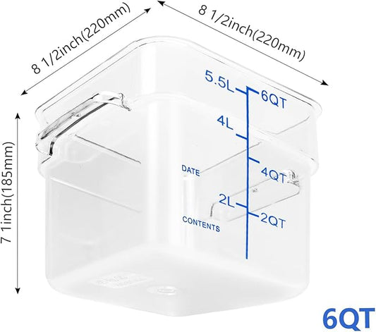 TSUBOR 4 Pack Food Storage Containers with Blue Lids, 6.0 Qt - Square, Clear, Polycarbonate, for Restaurant Commercial Kitchen and Home party