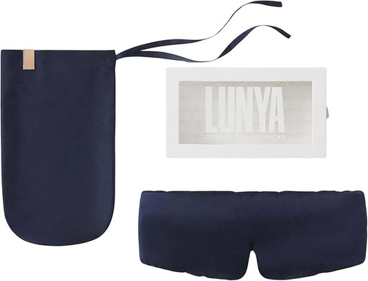 Lunya Weighted Silk Sleep Mask – Mulberry Silk Eye Cover with Cooling Glass Beads, Noise-Reducing Fit, Washable Fabric, and Travel Pouch – Sleeping Mask for Men and Women - Deep Blue – Large