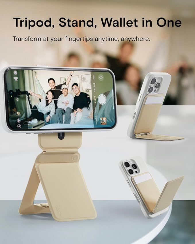 MOFT Phone Tripod Wallet, 3 in 1 Phone Stand MagSafe Wallet, NFC-Supported Magnetic Phone Stand, MOVAS Vegan Leather Adjustable Card Holder, Earthen Beige