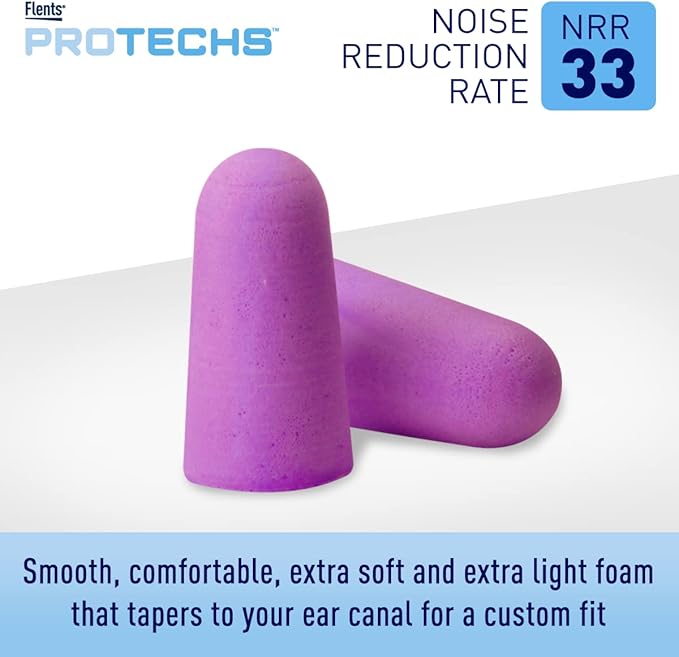 Flents Foam Ear Plugs, 10 Pair with Case for Sleeping, Snoring, Loud Noise, Traveling, Concerts, Construction, & Studying, NRR 33, Purple, Made in The USA,10 Count (Pack of 2)